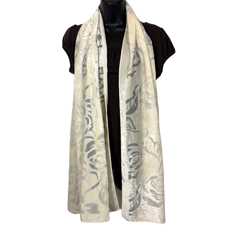 White Floral Scarf Velvet Burnout Retro Vtg Semi Sheer Rectangle Wrap Cejon